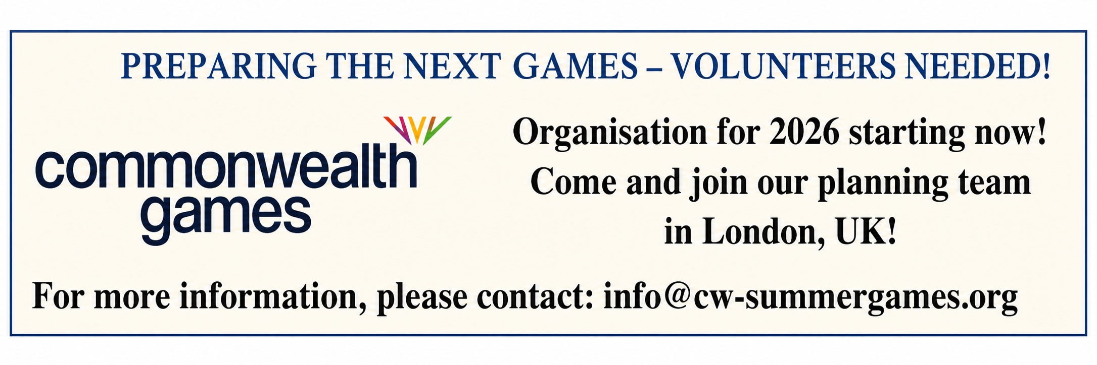 Werbeplakat für die Commonwealth Games mit Hinweis auf Freiwillige und Organisation 2026 in London